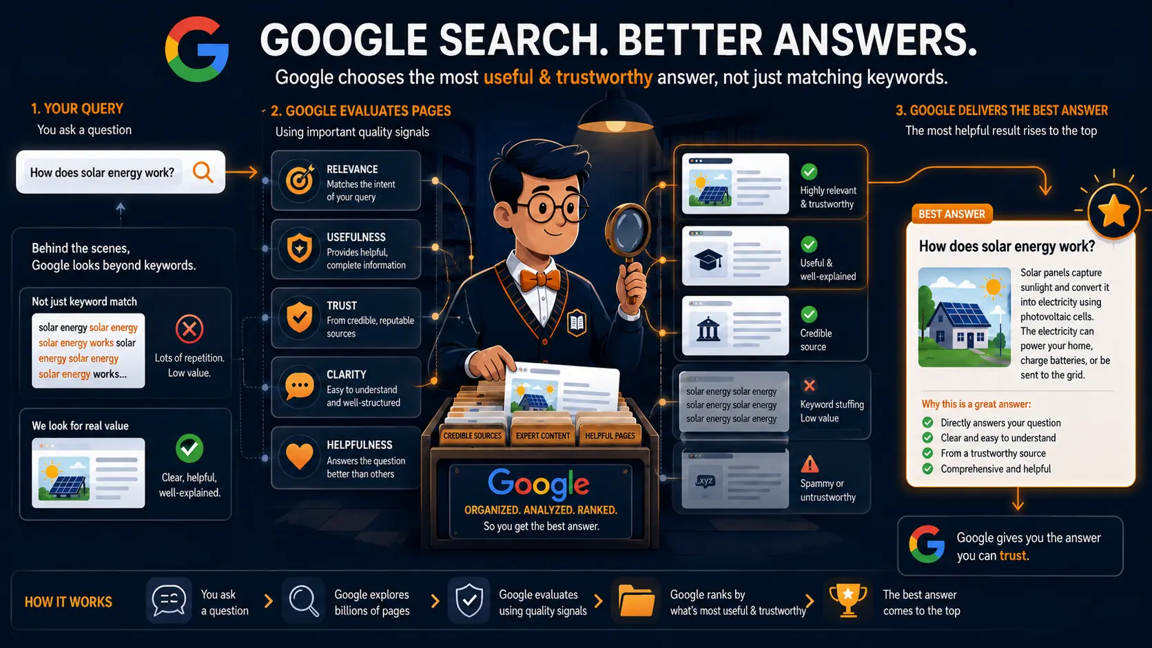 Google Search shown as a smart digital librarian choosing helpful and trustworthy website pages