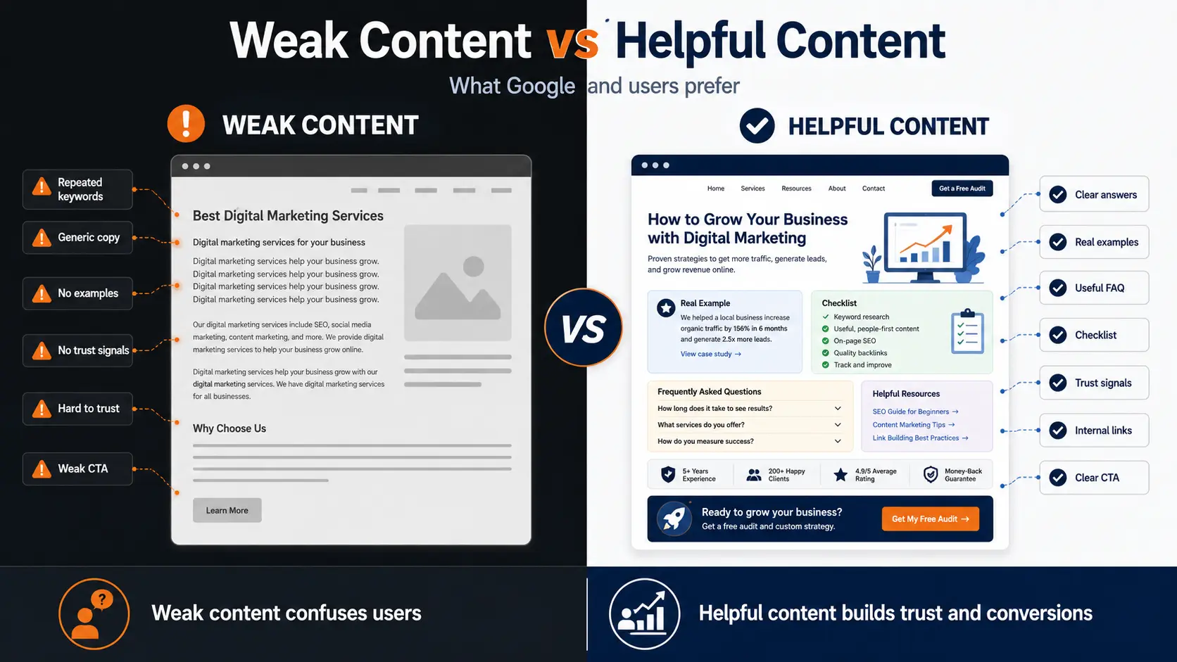 Weak content versus helpful content comparison showing keyword stuffing against useful examples, FAQs and checklists